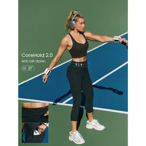 GLOWMODE 21" FeatherFit-Sculpt Slay The Sweat Compressive Anti-Roll Tummy Control No Front Seam Side Pockets Leggings Training Running Workout Gym