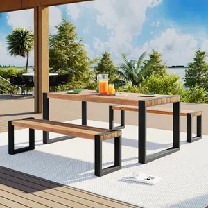ARCH<old sku:="" fg201232aaa="">GO 3-pieces Outdoor Dining Table With 2 Benches, Patio Dining Set With Unique Top Texture, Acacia Wood Top &amp; Steel Frame, All Weather Use, For Outdoor &amp; Indoor, Natural</old>