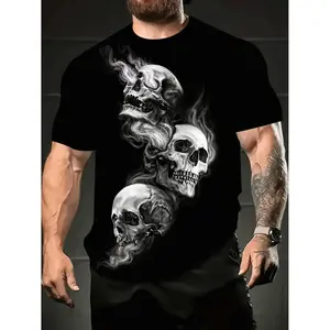 Edgy 3D Skull Print Men's Summer T-Shirt - Breathable Polyester Blend, Tropical Style, Available in Sizes S-XXL