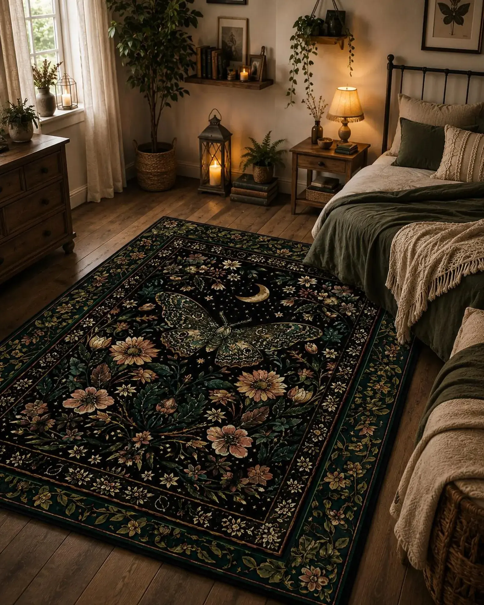 Mystic Moonlit Garden Moth Carpet Whimigothic Fairycore Decor | Dark Floral Witchy Moth Rug Whimsical Decor Butterfly Cottagecore Gift