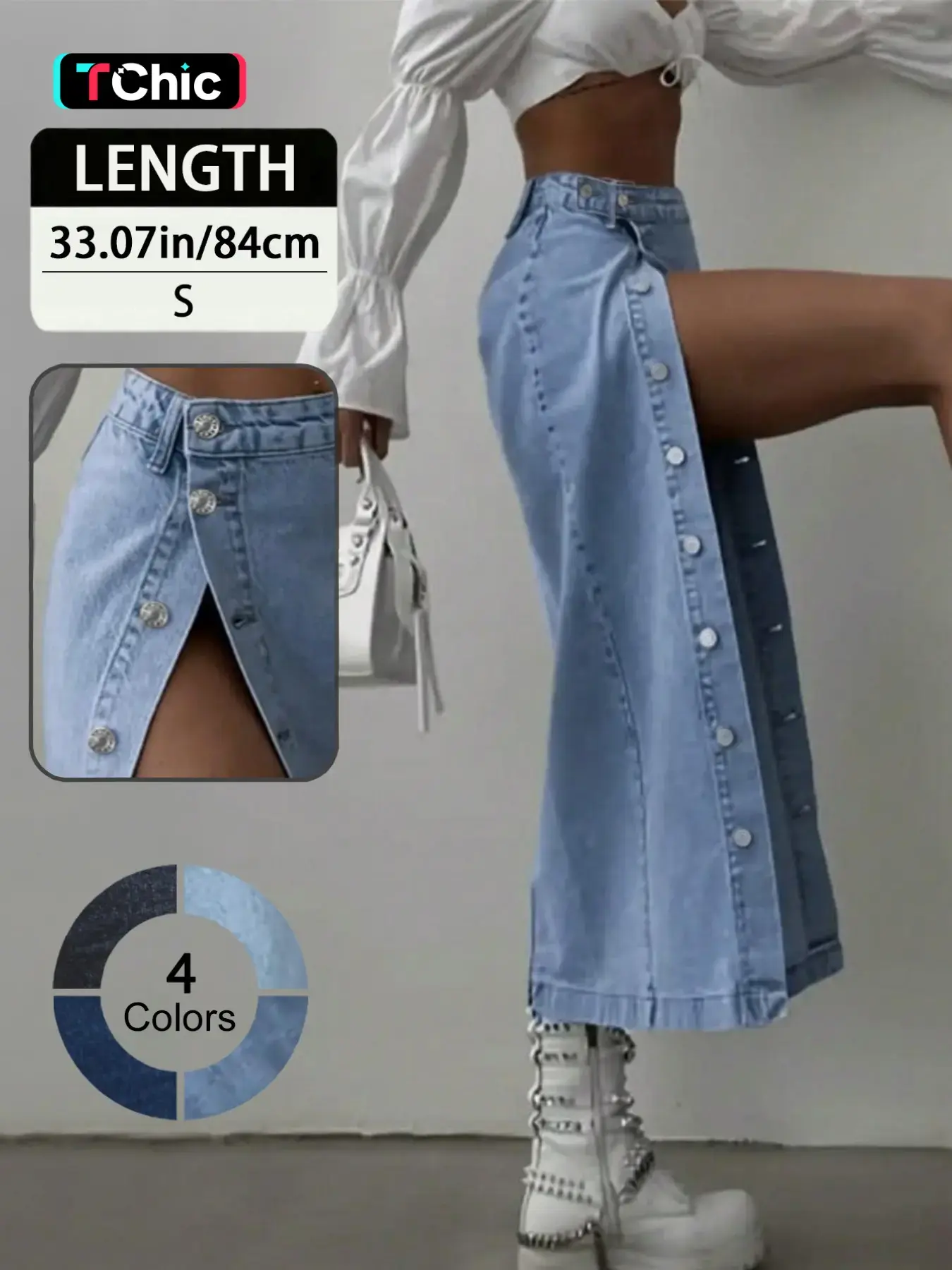 Women's Elegant Slim-Fit Split-Hem High-Waist Denim Midi Skirt with Single-Button Detail, Stylish and Comfortable High Slit Fitted Jean Skirt, Womenswear, Elegant Chic Skirt