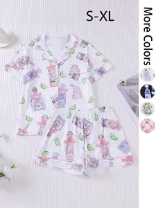 Women's All Over Print Lapel Shirt & Shorts Pajama Two-piece Set, Casual Comfy Short Sleeve Top & Elastic Waist Shorts Set, Ladies Summer Sleepwear, Pjs
