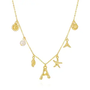 Initial Charm Necklace For Women Shell Letter Necklaces Gold Plated Charms Pendant Boho Summer Seashell Beach Starfish Surfer Jewelry Gifts