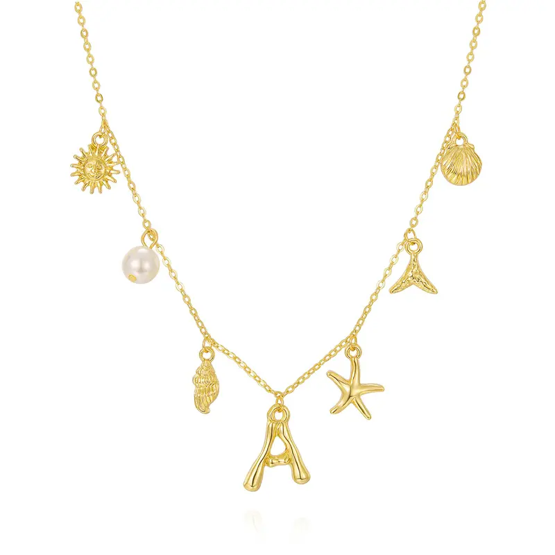 Women's Gold-Plated Initial Necklace - Dainty Shell Letter Charm Pendant, Boho Summer Beach Jewelry with Starfish Accents, Surfer Accessory Gift