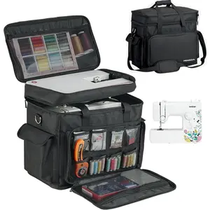 2 Layer Sewing Machine Case with Adjustable Shoulder Strap Sewing Machine Carrying Case Universal Tote Bag for Sewing Machine and Sewing Accessories Storage Black