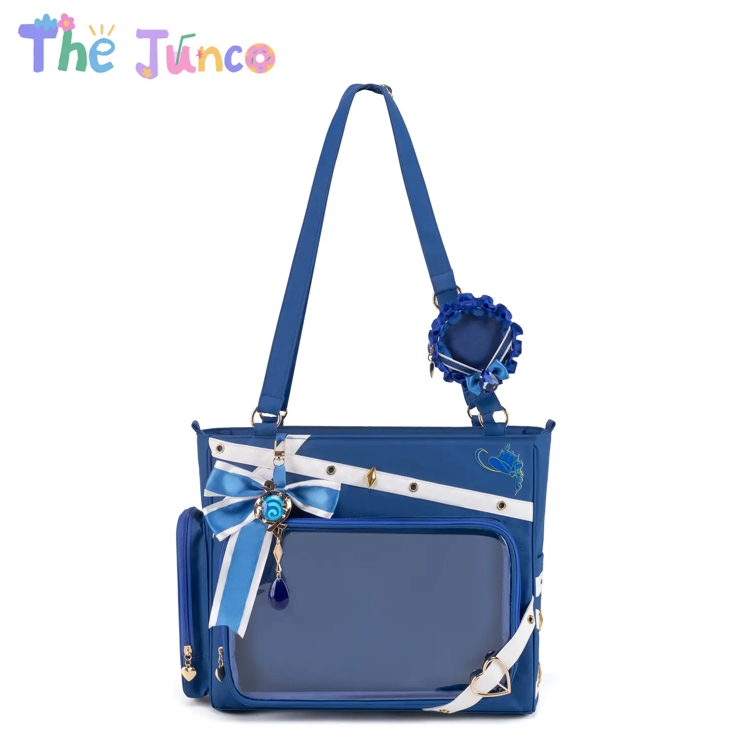 The Junco x Genshin Impact Furina "Hydro Archon" Chic Ita Bag - Fontaine Couture Navy Satin Tote with Heart Jewels, 30x20cm Cinematic Pin Showcase Window, Lightweight Casual Daypack, 11" Laptop-Fit Portable Con-Ready Travel Bags, Portable Travel Bag