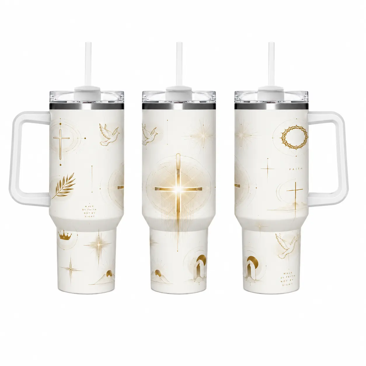 40oz (1,000-2,000 ml) Minimal Gold Line Christian Faith Symbol Insulated Tumbler for Adults, Stainless Steel Travel Mug with Handle, Cross Dove Crown Thorn Pattern, Double Wall Hot/Cold Beverage Retention, Leak-Proof Straw Lid Church Inspirational Gift