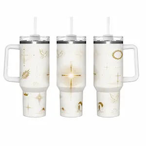 40oz Minimal Gold Line Christian Faith Symbol Insulated Tumbler With Handle, Cross Dove Crown Crown of Thorns Religious Pattern Stainless Steel Travel Mug, Double Wall Hot Cold Retention Spill Proof Straw Lid Cup For Church Inspirational Religious Gift