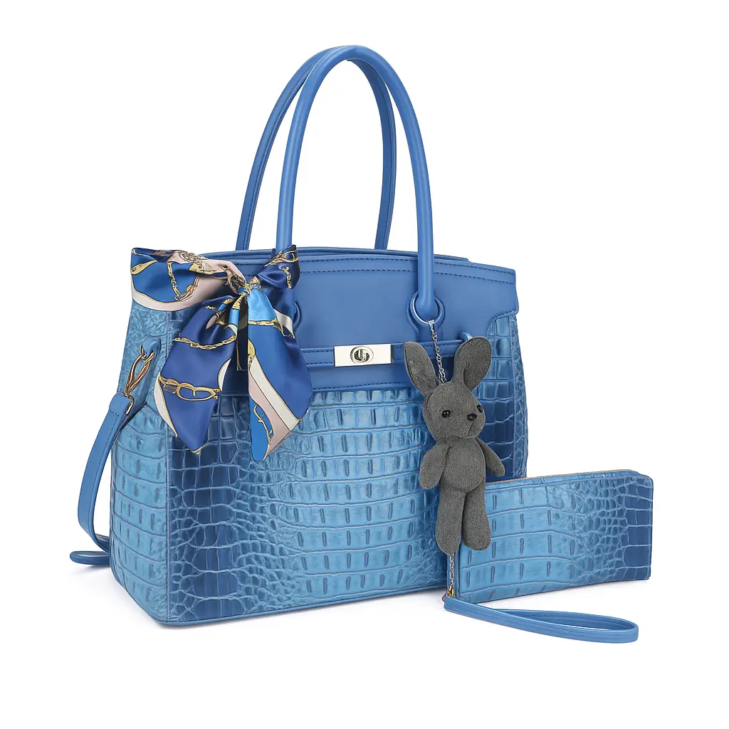 (Charms NOT Included) BagParty Summer Vibe Crocodile-Print Handbag Set, Elegant Vegan Leather Women Tote Bag, Working Bag for Office Lady, Family
