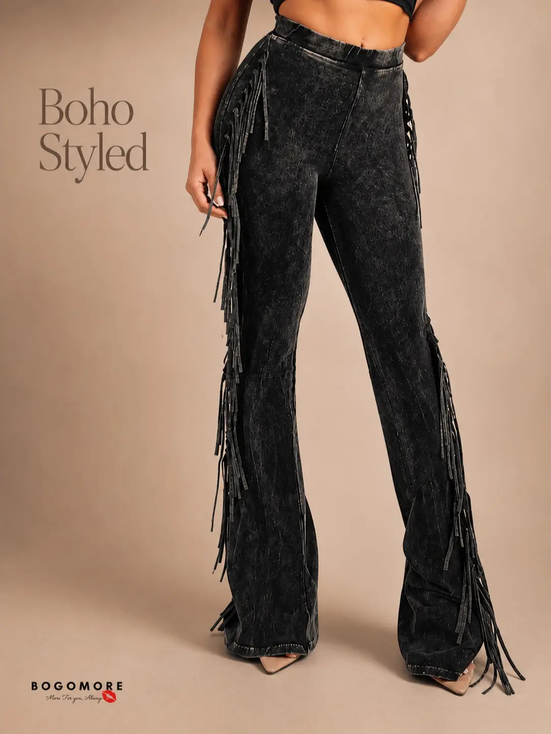BOGOMORE Women's Soft Fringe-Detailed Mineral Washed Cotton Bottoms - Elastic Design, Flared Side Detail, Comfy Streetwear Pants for Western Festival Outfits, Boho Women's Clothes