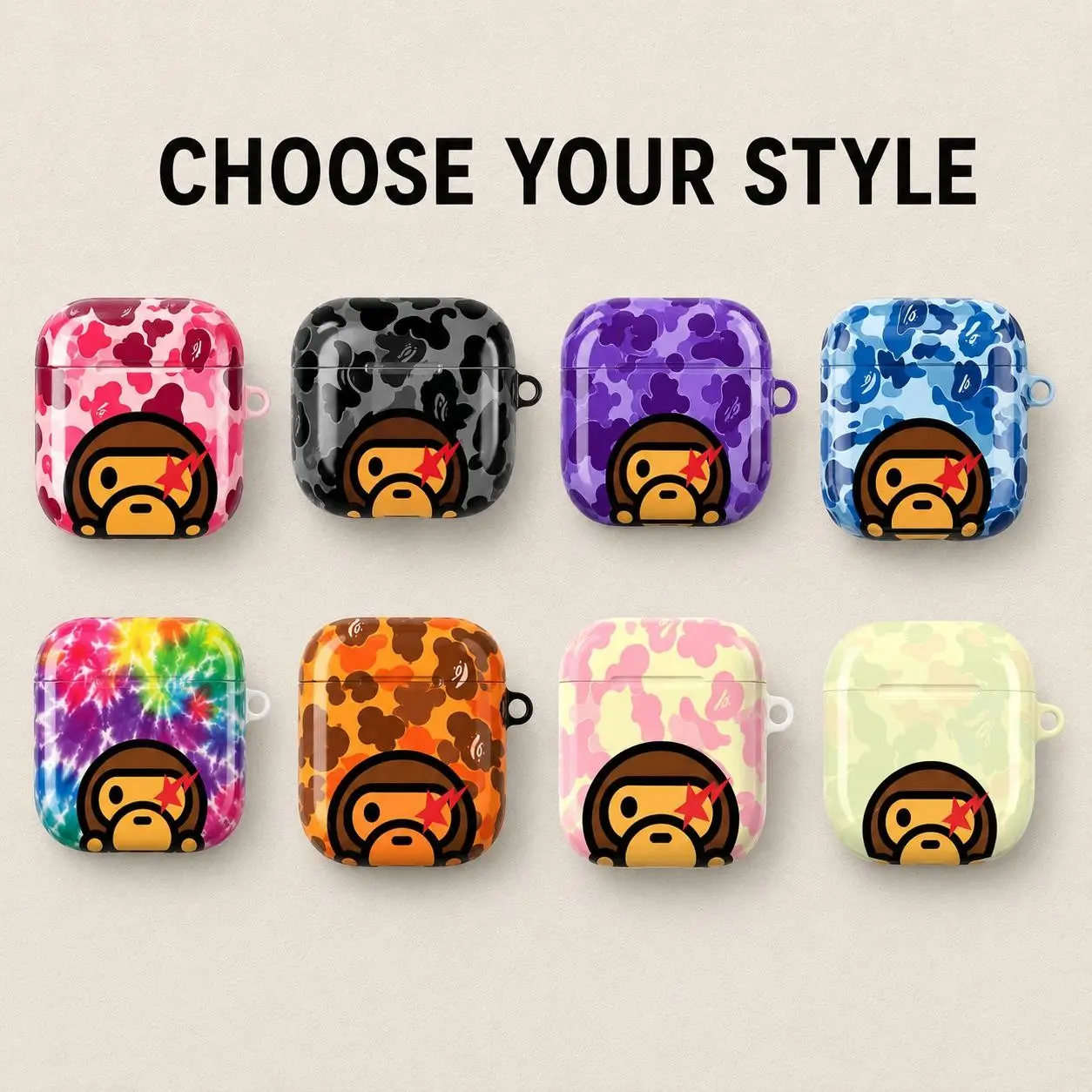 Colorful Urban Camo AirPods Case Cartoon Monkey Shockproof Earbuds with Keychain Attachment aesthetic Airpod