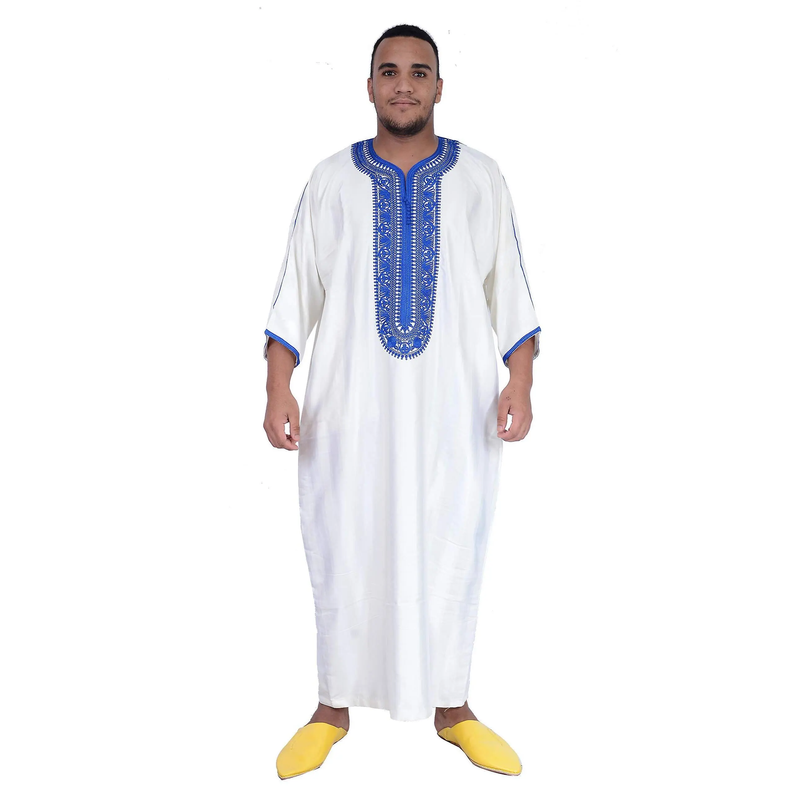 Treasures Of Morocco Moroccan Men Kaftan Handmade Thobe Long Gown White With Delicate Blue Embroidery