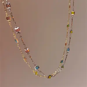 A five colored stone princess necklace, light luxury and minimalist, with a bohemian vacation style collarbone chain jewelry and gift box packaging