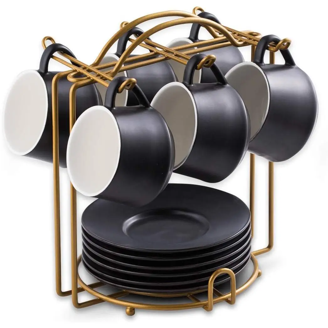 Coffee Espresso Cups with Saucers Set with Cup Holder 4 oz, Set of 6 - Demitasse Cups Black