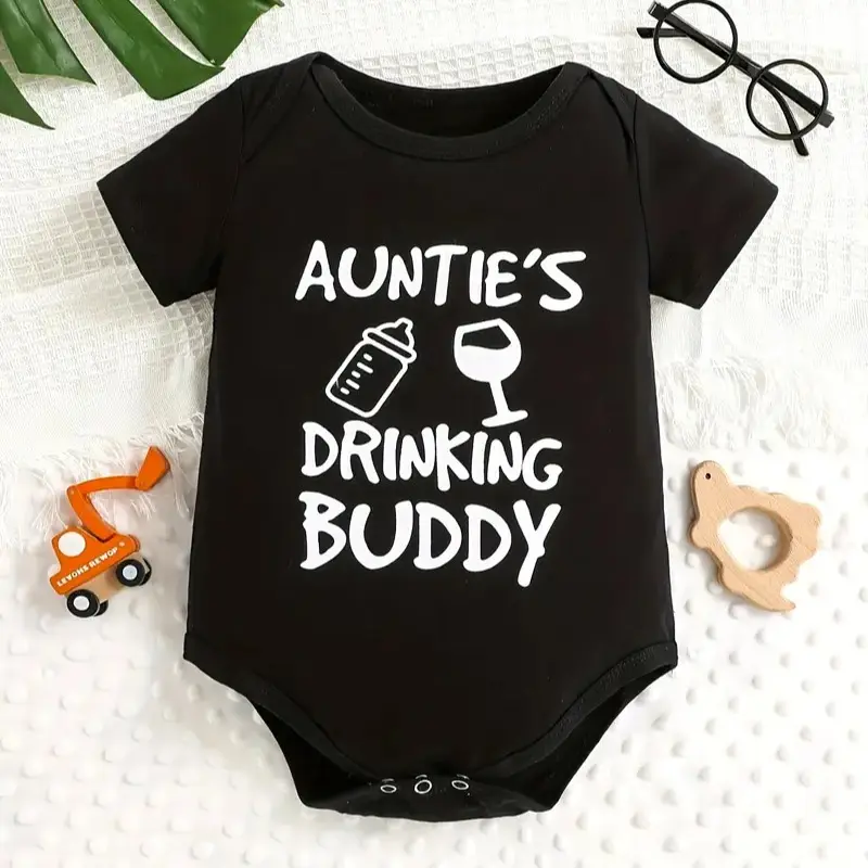 Soft Cotton Baby Bodysuit with Auntie's Drinking Buddy Print, Unisex Short-Sleeve Crew Neck, Tagless Design with Easy-Change Snaps, One-Piece