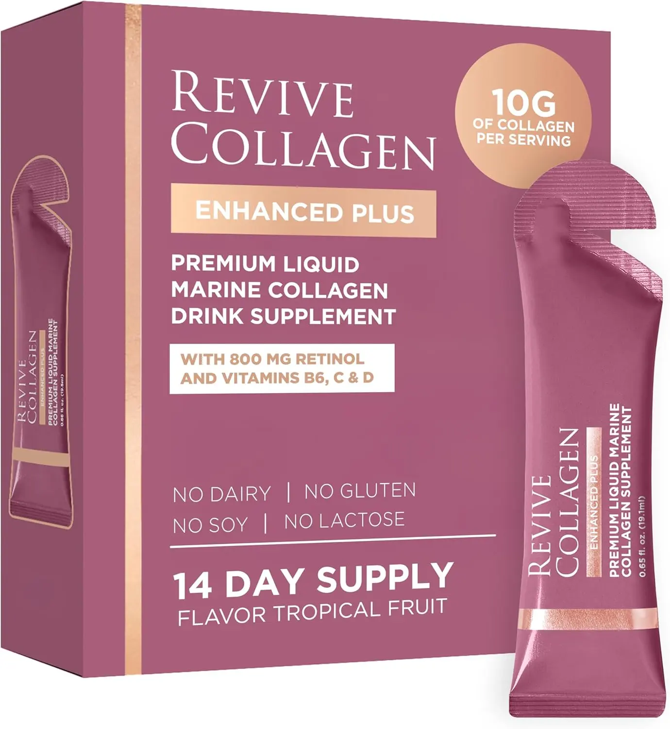Revive Collagen Enhanced Plus Premium Edible Liquid Marine Dietary Supplement Drink - 22 oz Tropical Flavor, 10,000mg per Shot, 14 Servings, Beauty & Wellness Support, Collagen for Women