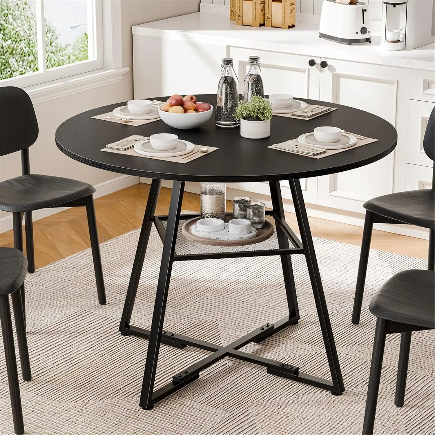 42" Round Dining Table with Storage, Circle Kitchen Table for 4-5 Modern Farmhouse Pedestal Table with Metal Frame, Space Saving Dinner Table for Apartment, Living Room