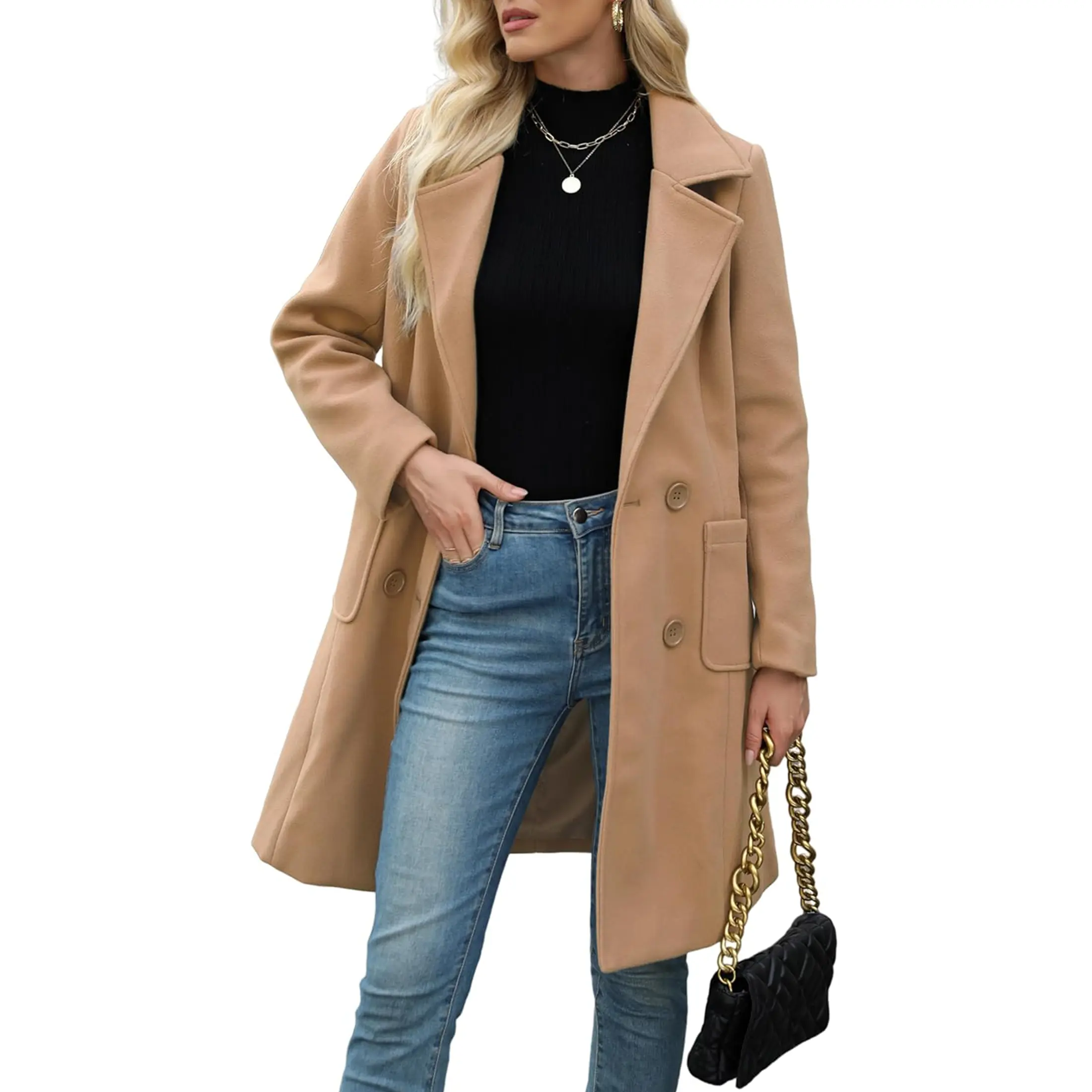 Bienmorn Women Winter Wool Blend Camel Coat Double Breasted Mid Long Notch Lapel Classic Warm Jacket Elegant Old Money Outerwear