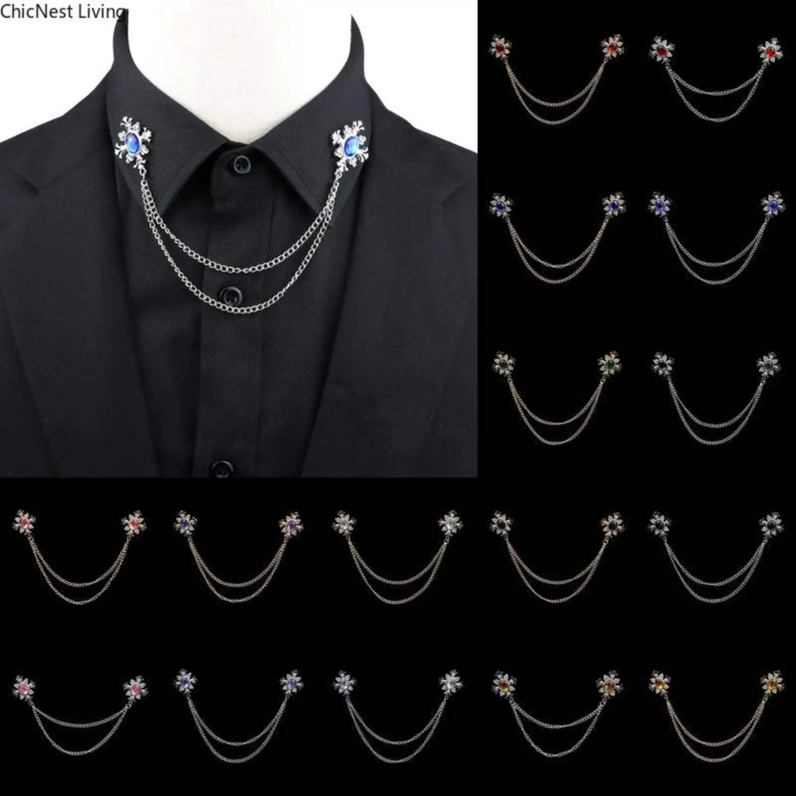 Fashion Gentleman Tassel Brooch For Men Suit Shirt Collar Crystal Cross Chain Lapel Pin Rhinestone Retro Wedding Accessories