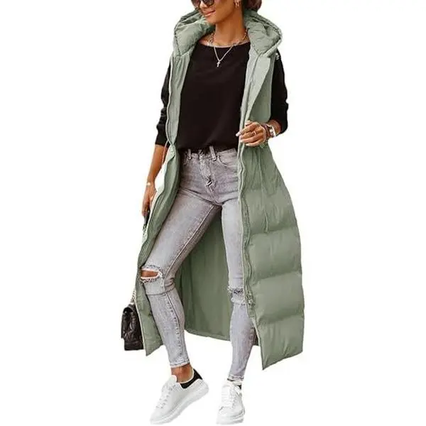 Tankaneo Women's Long Quilted Vest Hooded Maxi Length Sleeveless Puffer Vest Padded Coat Winter Outerwear