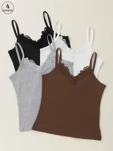 Women's Solid Color Lace Trim Tank Top Camisole Tops Breathable Comfortable Top for Daily Wear, Ladies Underwear for All Seasons