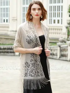 Elegant Lace Sheer Shawl Scarf with Fringe, Fashionable Multifunctional Wrap for Dance Wedding Party Beach, Stylish Plain Color Accessory, Fringe Trim Shawl