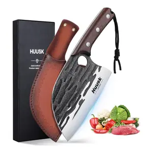 Huusk Upgraded Serbian Chef Knife-Japanese Meat Cleaver Knife for Meat Cutting Forged Butcher Knives with Sheath Full Tang Kitchen Chopping Knives for Home, Outdoor Cooking, Camping