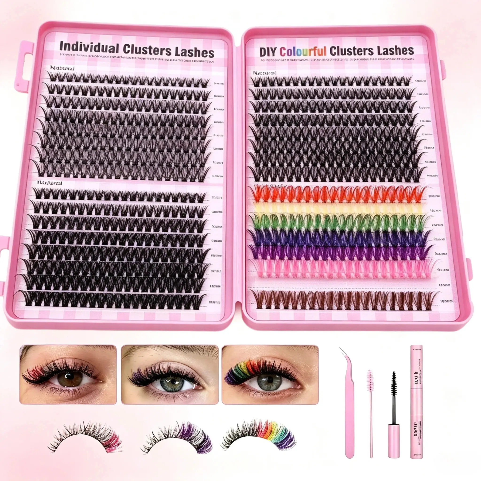 640Pcs High-Capacity Eyelash Clusters Kit - 4 Styles Mixed Lengths Wispy Synthetic Fibers, Black & Rainbow Individual Lash Extensions, Double Tray Salon-Quality At-Home Lashes for Beginners (Daily & Festival Makeup)