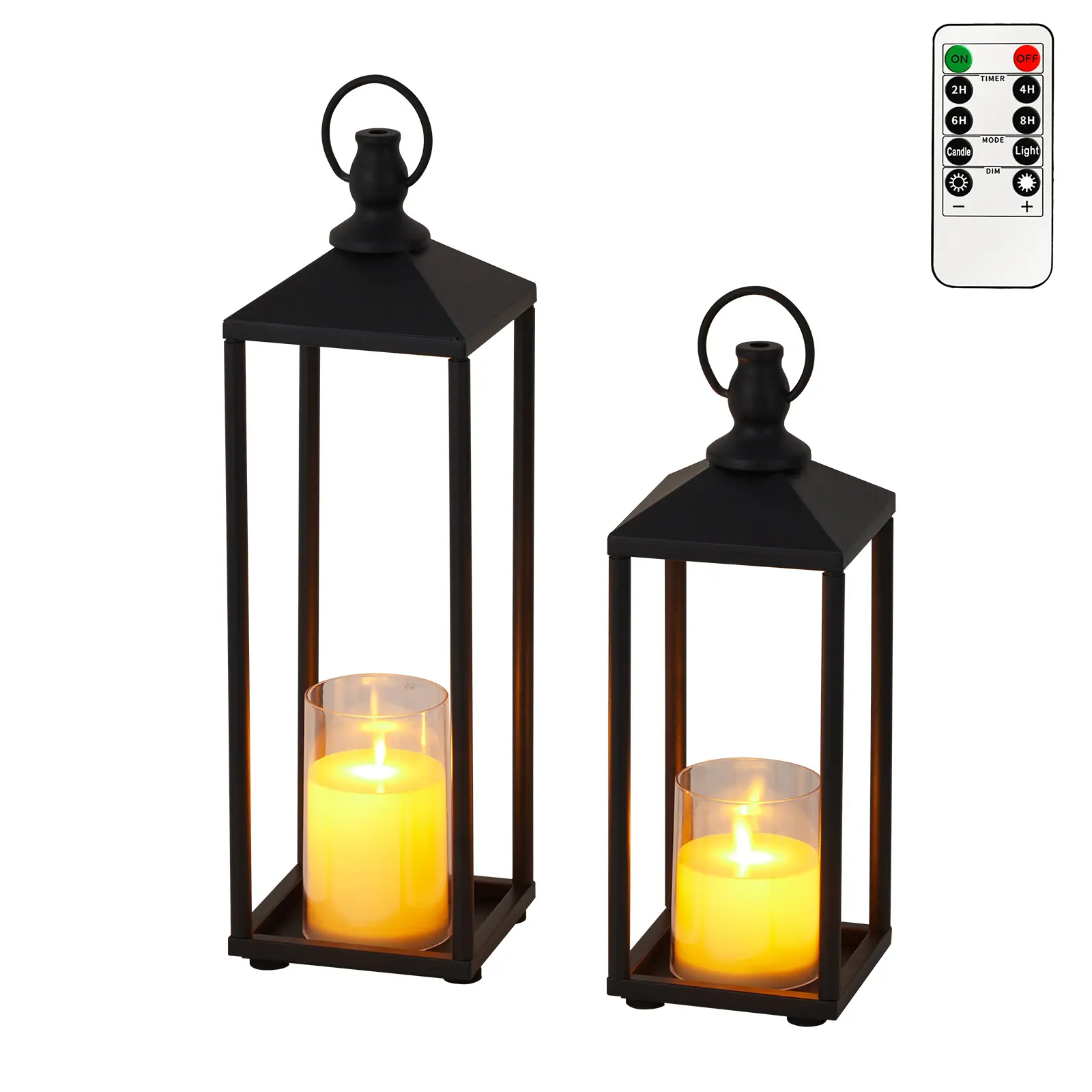 Modern Farmhouse Black Metal Candle Lanterns Set of 2 with Flameless LED Timer Candles – Indoor Outdoor Decorative Lanterns for Home, Patio, Porch, Garden – Size: 19"+22", Color: Sand Black