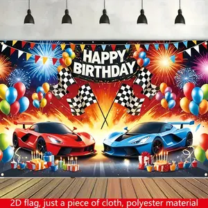 Cartoon Race Car Birthday Theme 2D Flat Banner, Polyester Material, Metal Grommets, Blue Race Cars Balloons, Party Decorations