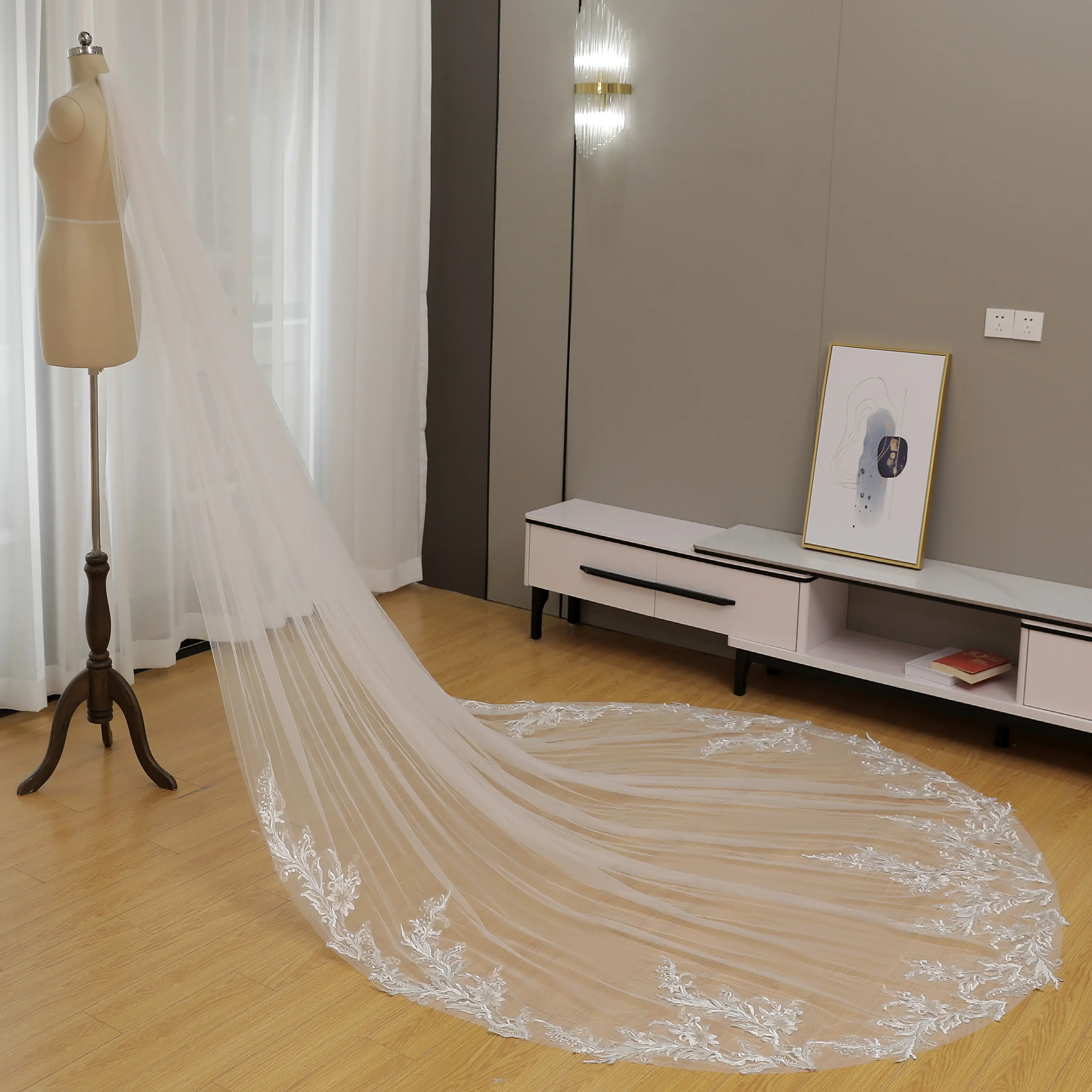Sparkling Cathedral Length Bridal Veil with Silver Sequin Leaf Lace Embroidery