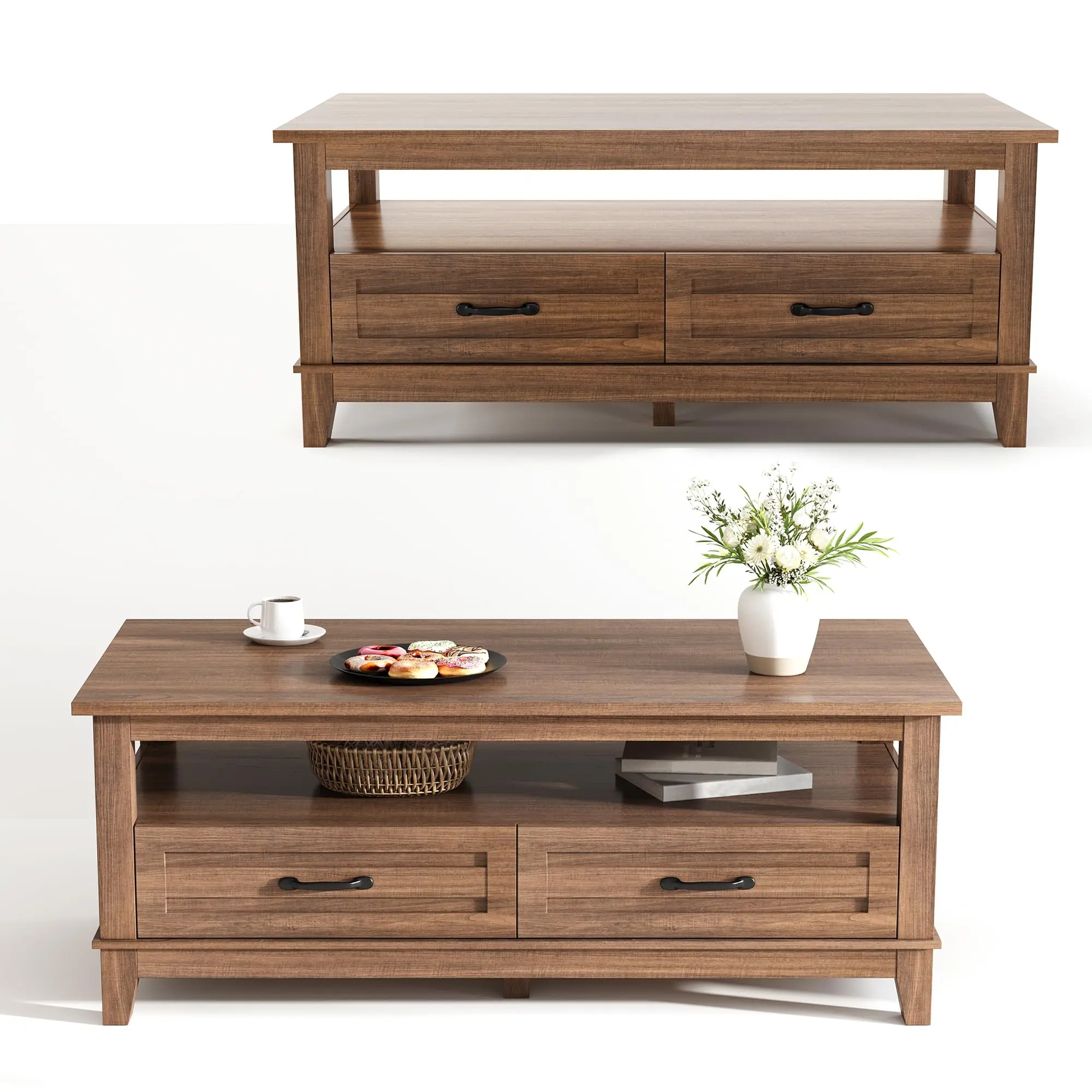 Garvee Farmhouse Coffee Table with Drawers, 47.2-inch Rustic Walnut Center Table Featuring Open Shelf and 6 Support Legs for Durable and Stylish Living Room Furniture