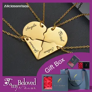 P60 Customized Engrave Stitching Love Heart Pendant Stainless Steel Three-Person or Four-Person Friendship Necklace Graduation Season Gift