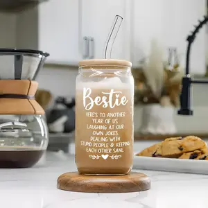 16oz Glass Cup, 1 Count Reusable Creative Coffee Cup with Straw & Lid, Drinking Cup for Home Office Use, Perfect Gift for Coffee Lovers, Drinkware, Funny Glass Cup