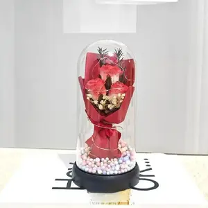 Lighted Acrylic Dome Eternal Artificial Flower Bouquet - Preserved Soap Roses, Carnations, Tulips, 3 Pink Flowers, Decorative Flower Ornaments, Room Decor, Valentine Floral, Mother’s Day Gift for Mom,summervibes（The product does not have a battery）