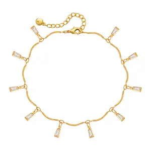 Women's Gold Plated Anklet, Dainty Boho Adjustable Layered Beach Ankle Bracelet with CZ Charm Drops, Minimalist Summer Costume Jewelry Gift for Her