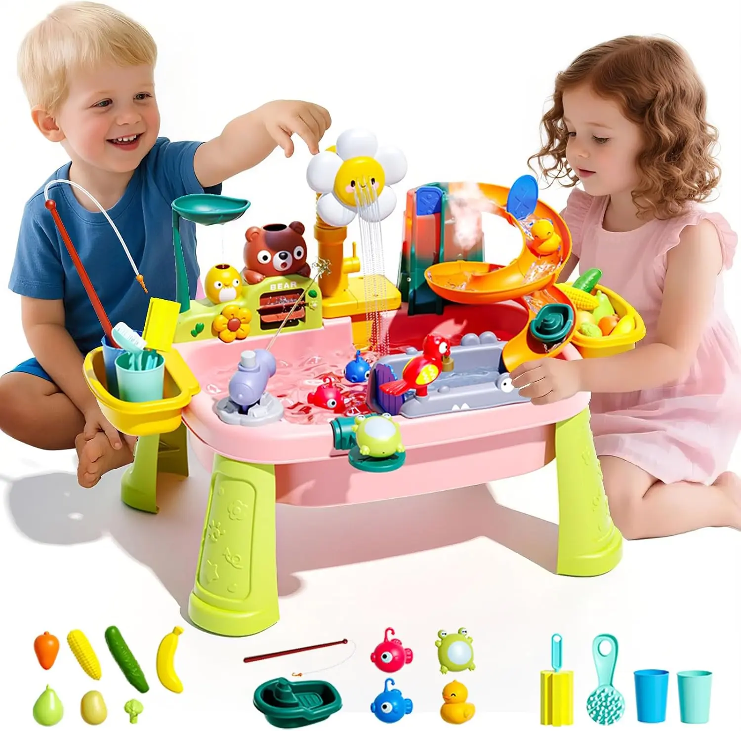 Ploomi Upgraded Toddler Sand Water Table Toy with Electric Water Pump, Kids Sand Water with Faucet/Play Food Accessories/Fishing Toy, Kitchen Play Sink Toys for Girl Boy Age 3+ (Light-Blue)