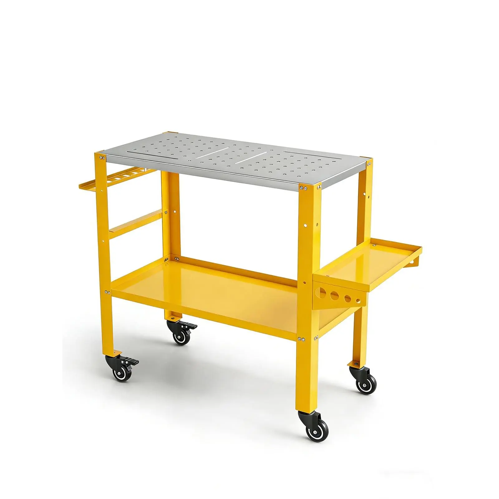 36 x 18in Welding Table, 1200 lb Capacity Workbench with Locking Wheels, Tool Rack, 4 Slots & 5/8in Fixture Holes, Yellow