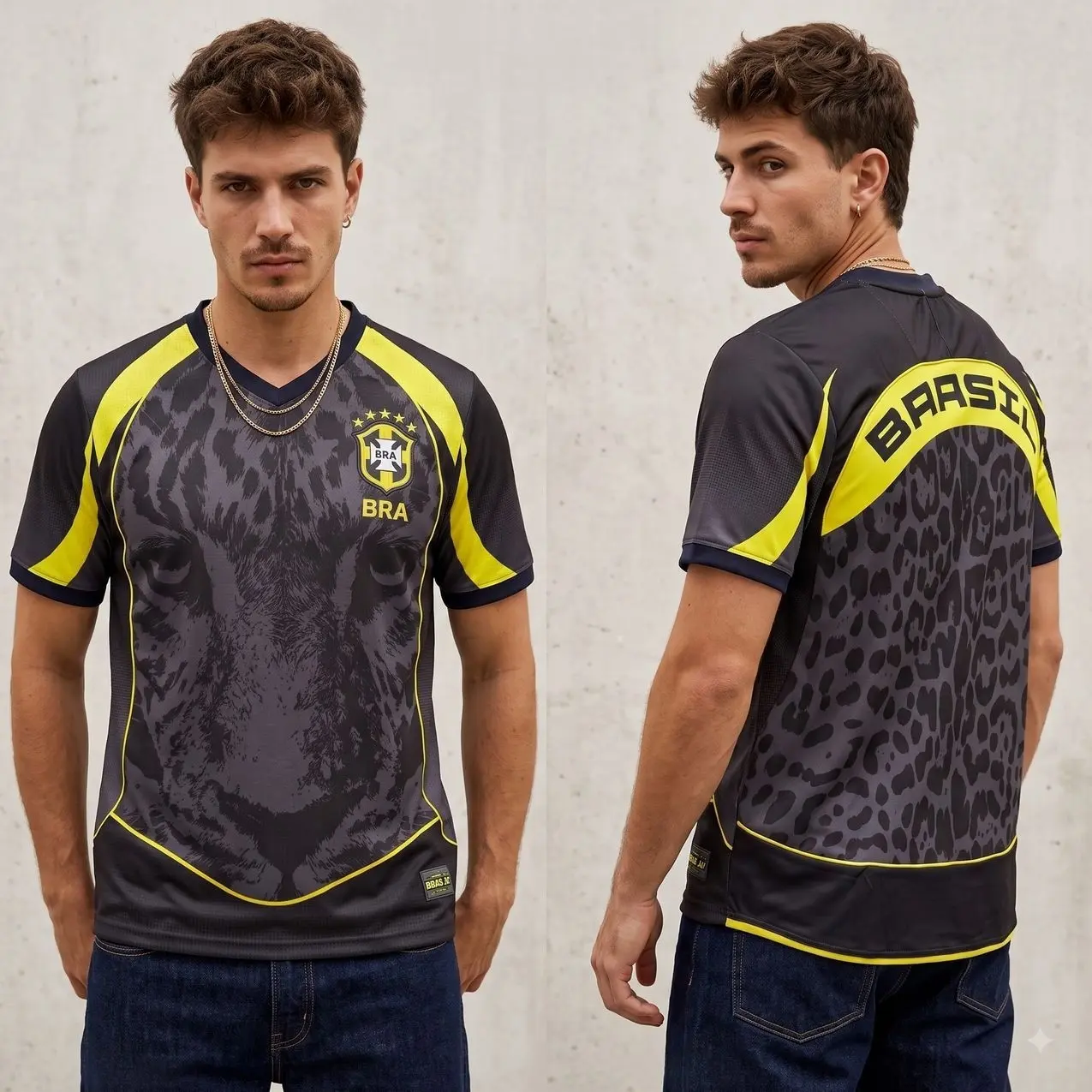 Brasil 5 Stars Football Shirt Leopard Jaguar Print Graphic Soccer Jersey Black Yellow