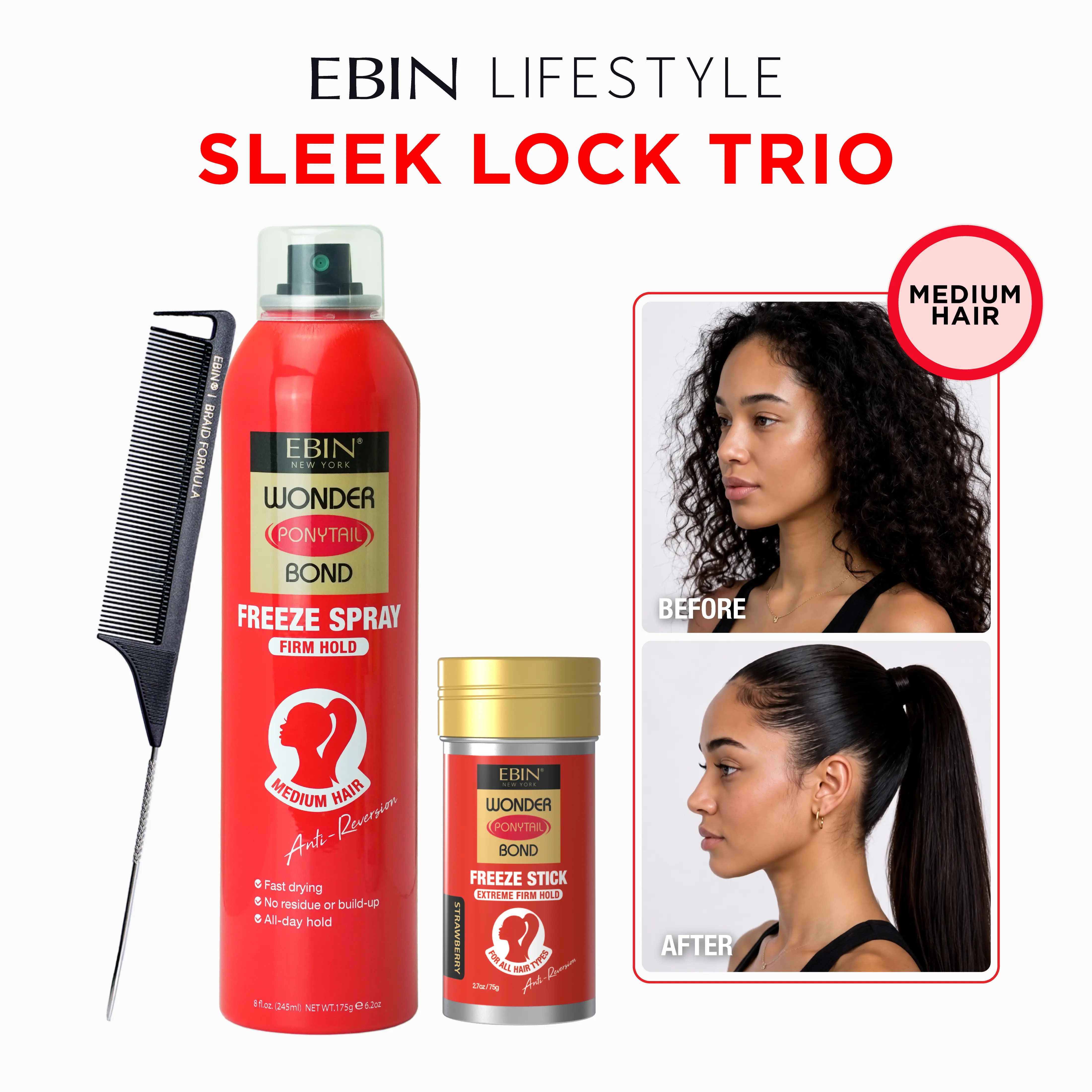 EBIN LIFESTYLE Wonder Ponytail Bond Sleek Lock Trio with Spray, Wax Stick & Brush, Lightweight Haircare Set for a Flawless Smooth Finish & Frizz Control, Fine