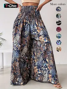 Women's Ethnic Pattern Shirred Waist Wide Leg Pants, Boho Festival Trousers, Boho Casual High Waist Trousers for Daily Holiday Vacation Wear, Ladies Bottoms for All Seasons