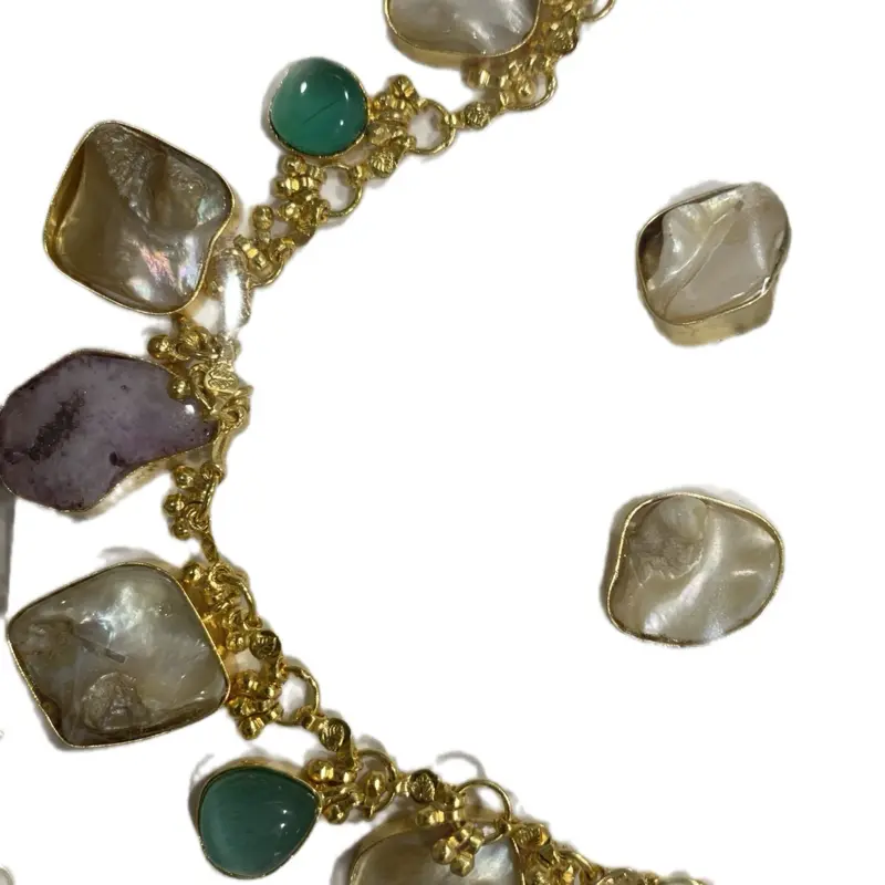 Mona Lisa Stones Necklace Set with Green and Purple Gemstones, Elegant Design, Includes Gold Tones and Decorative Elements mothers day jewelry designer