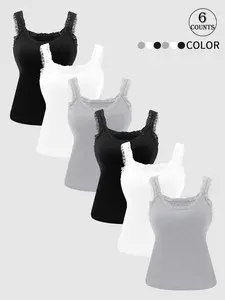 6 piece women lace trim sleeveless cami padded inner wear Casual Fit Tank Top