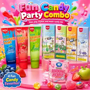 AMOS Fun Candy Party Combo, Sour Squeeze Candy, TastySounds Music Lollipop & Popping Heart Gummy Mix, Sweet Sour Crystal Pop Party Treats, 7 Pack Gift Box!