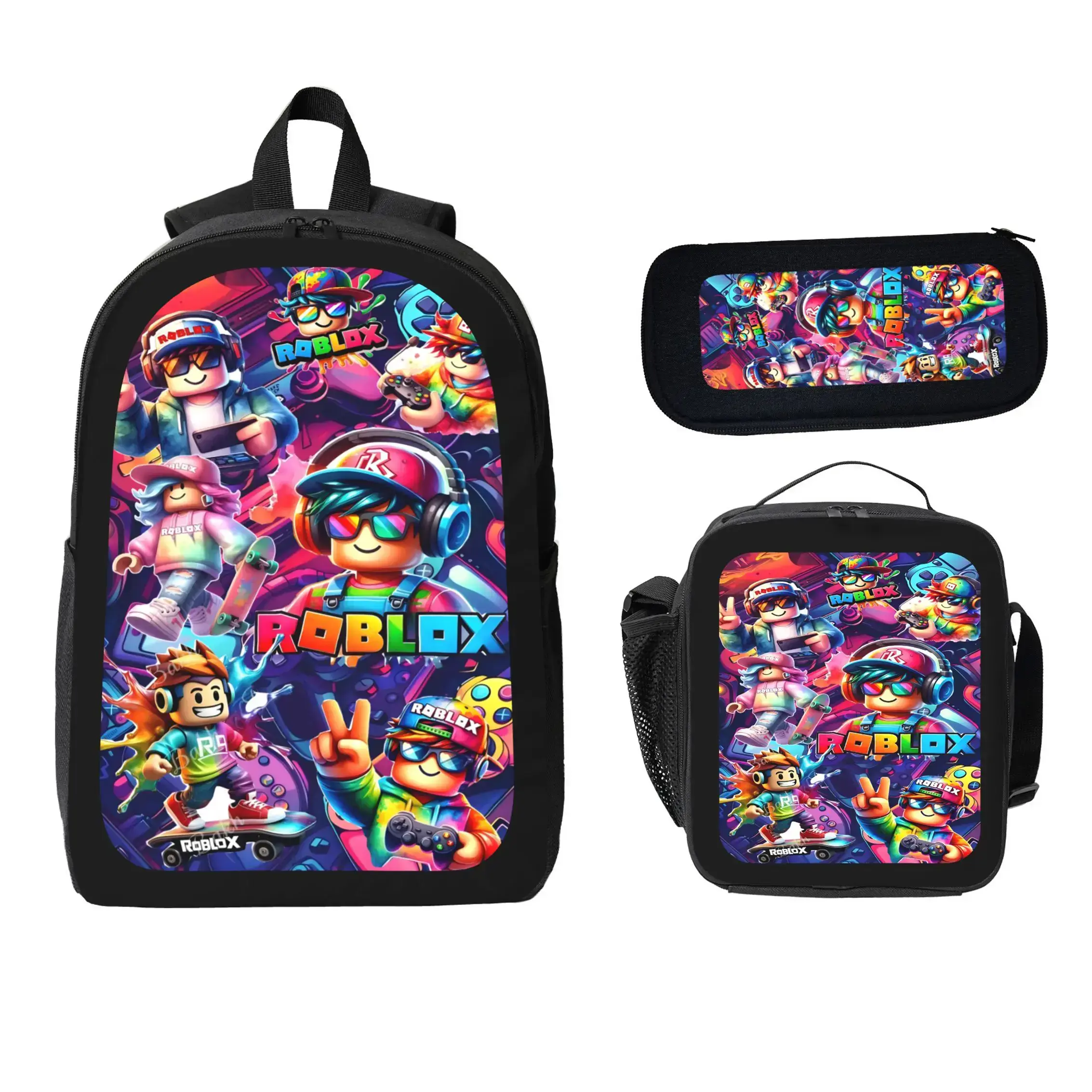 Roblox 3-Piece School Backpack Set - Durable Polyester Backpack, Lunch Bag, Pencil Case with Adjustable Strap, Zipper Closures, Essential Back-to-School Functional Bag for Students