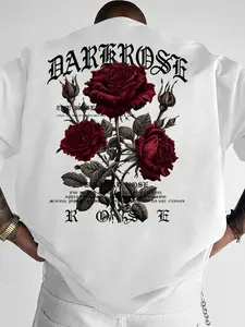 Men's Rose Pattern Letter Print Outdoor Streetwear Casual Round Neck T-Shirt, Loose Fit Drop Shoulder, Summer Breathable Trendy Clothing