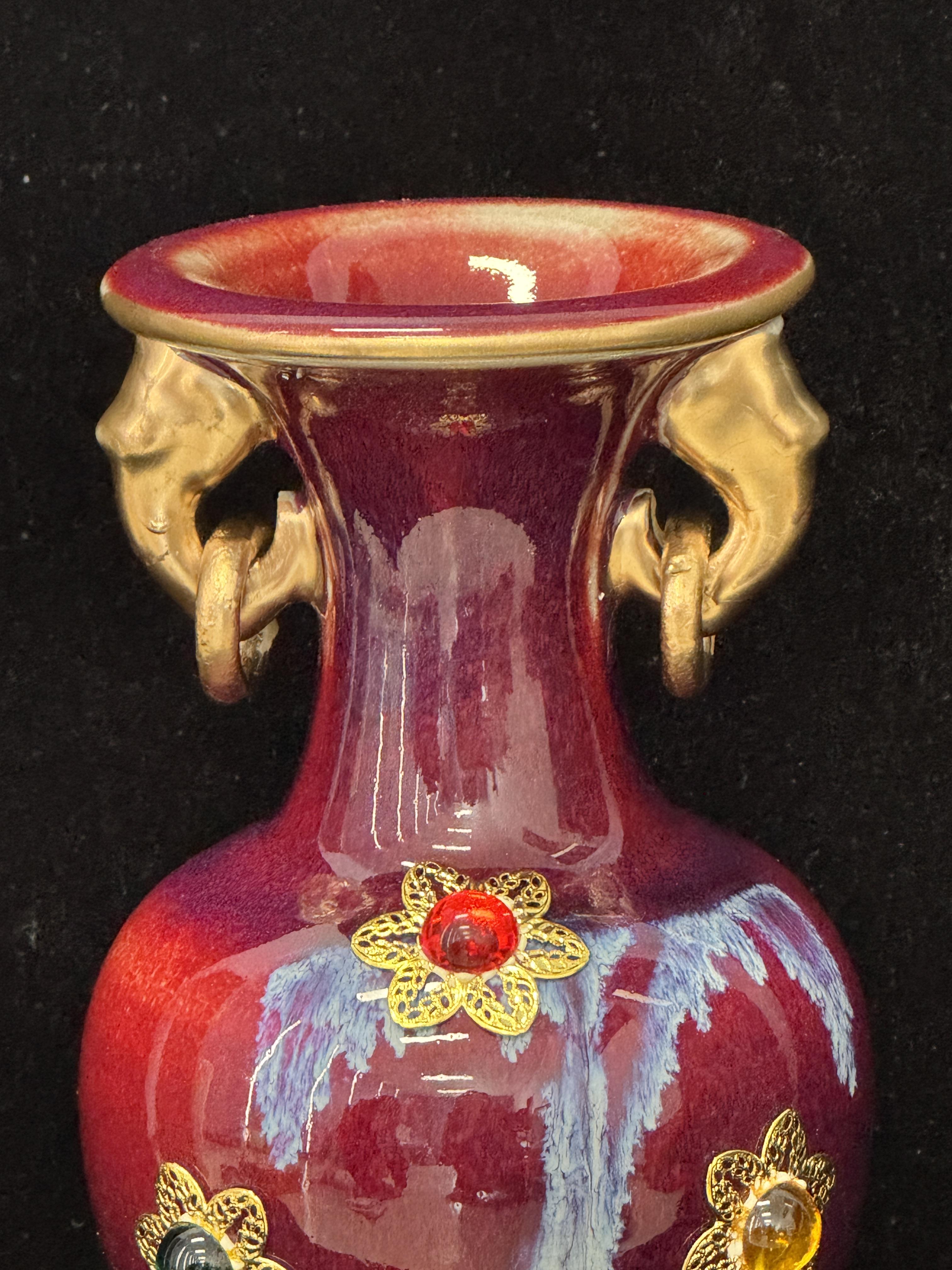 Handmade Chinese Jun Porcelain Vase with Gold Elephant Handles & Gem Inlays, Vintage Red Glaze Luxury Ceramic Vase, Unique Asian Art Home Decor