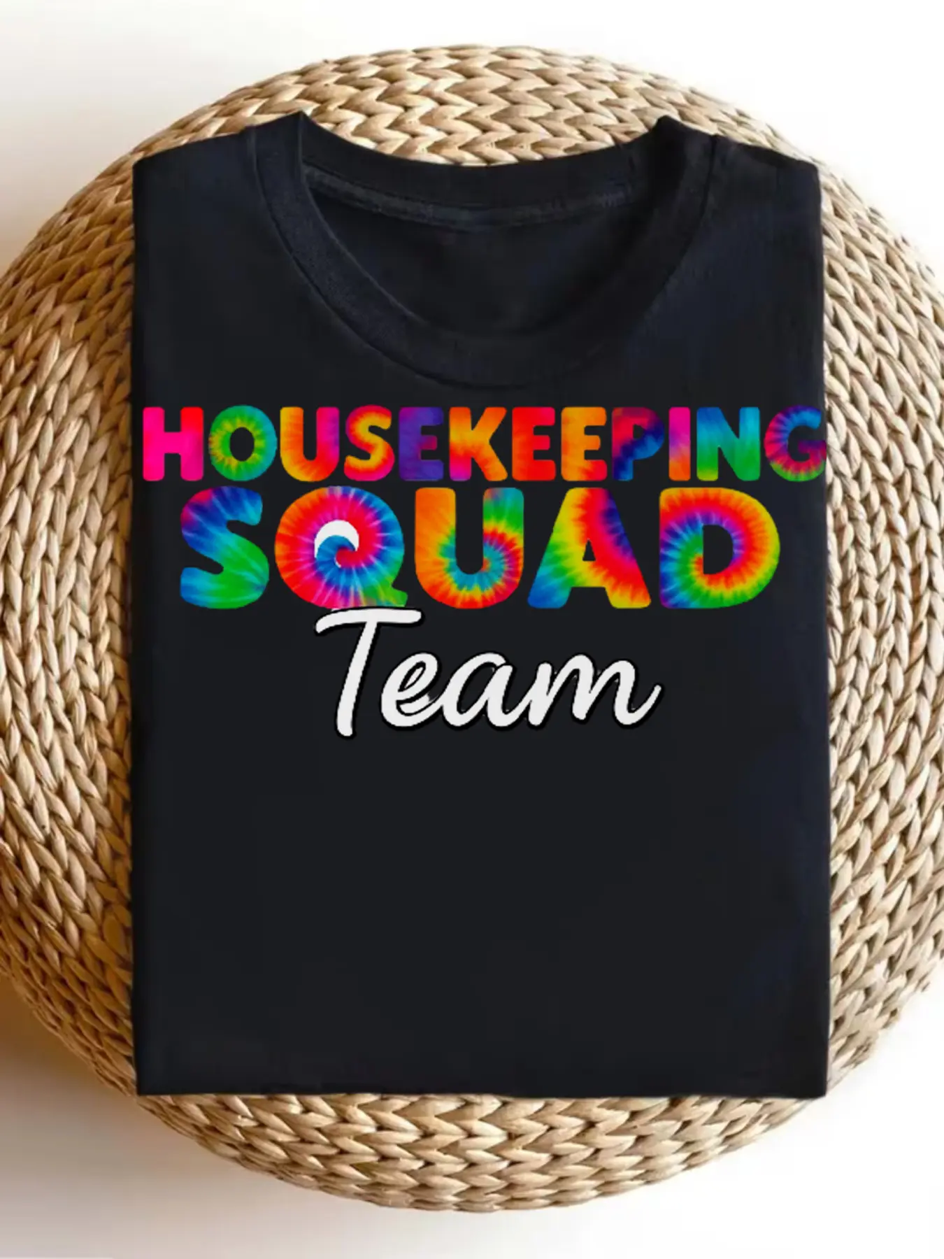 Housekeeping Squad Tie Dye Cleaning Staff School J unisex soft cotton short sleeve t shirt, vintage graphic casual tee for men women teens, perfect birthday holiday gift for camping travel gym daily street  wear