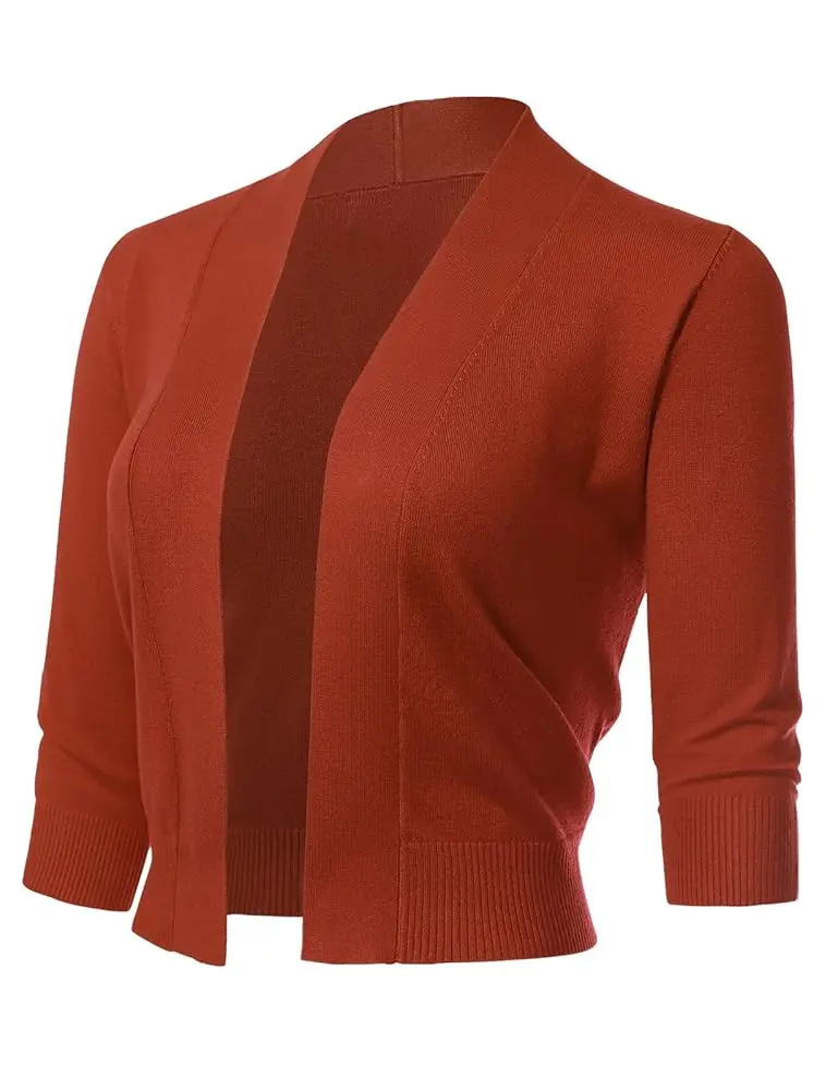 Allsense Women's Rust Bolero Cardigan, 3/4 Sleeve Cropped Knitwear Shrugs, Lightweight Open Front Sweater for Layering, Basic
