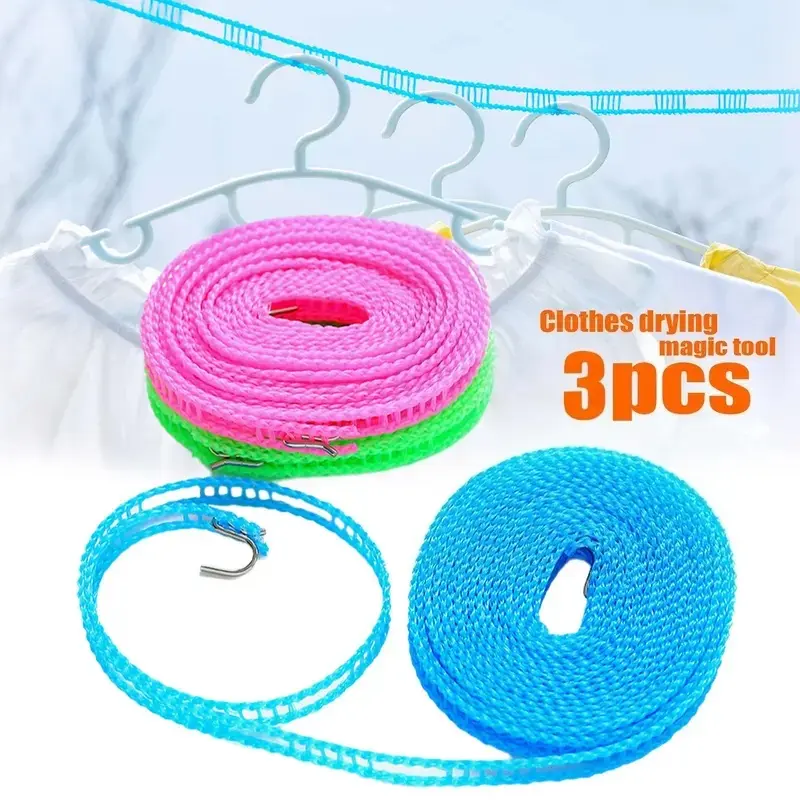 3PCS 5m Durable Fence-Type Drying Rope, Non-Slip Windproof Wall-Mounted Clothesline, Home Laundry Accessories for Outdoor Travel Use Home Goods Set
